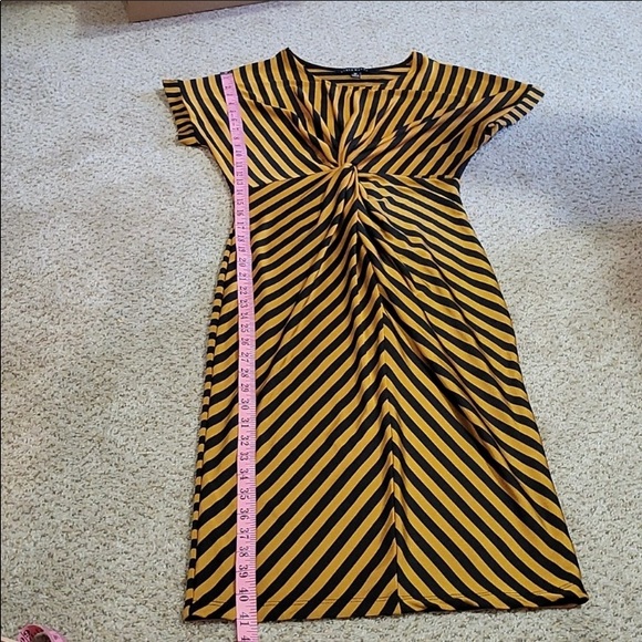 NEW HAUTE MONDE SEXY YELLOW BLACK STRIPED MIDI DRESS SZ MED ROCKABILLY PINUP - Picture 9 of 10